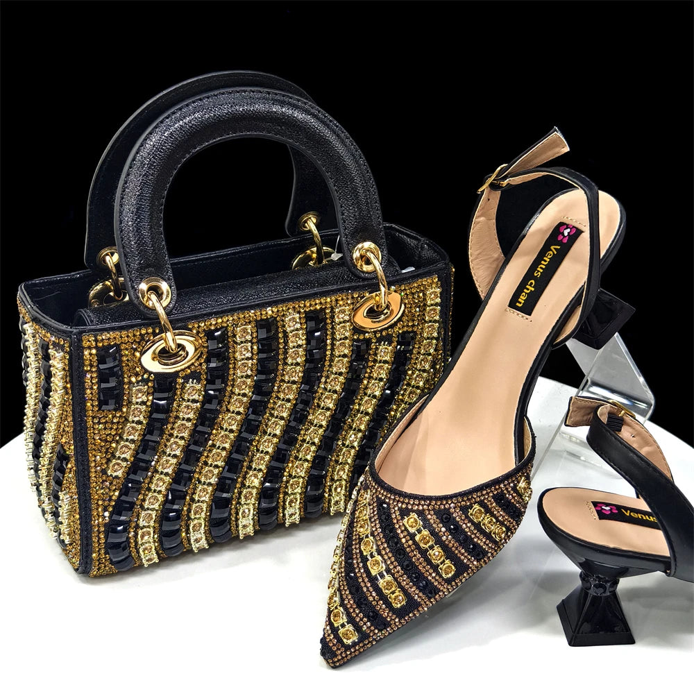 Maxy Summer New Design Specials Italian Women Shoes and Bag Set Blue Color Comfortable Low Heels With Rhinestone