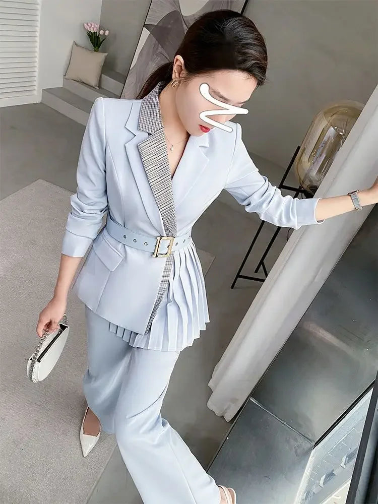 Maxy Blazer and Formal Spring Autumn Trousers Woman Splicing Blue Suits Pant Sets for Women 2 Pieces Business Clothing Trend