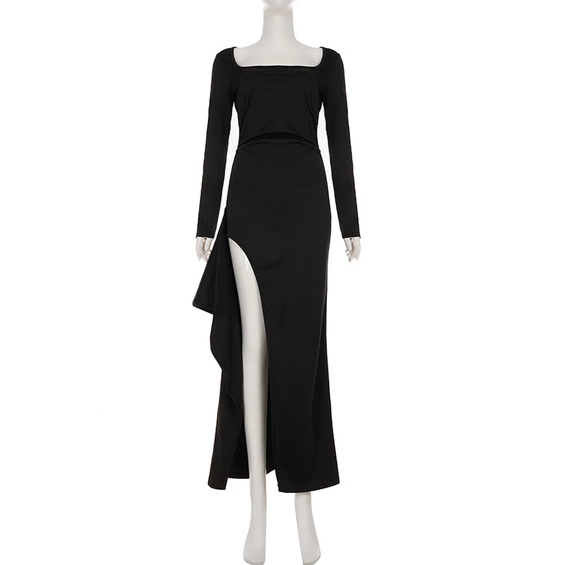 Maxy Party Clubwear Elegant Fashion Solid Split Dress Sexy Slim Square Collar Long Sleeve Maxi Dresses For Women Autumn Spring