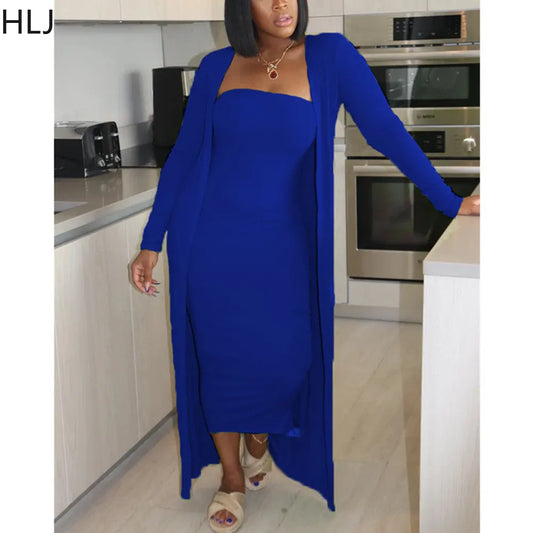 Maxy Casual Off Shoulder Bodycon Dress and Long Sleeve Cardigan Coats Women Solid Color Matching 2pcs Outfits Female Tracksuits
