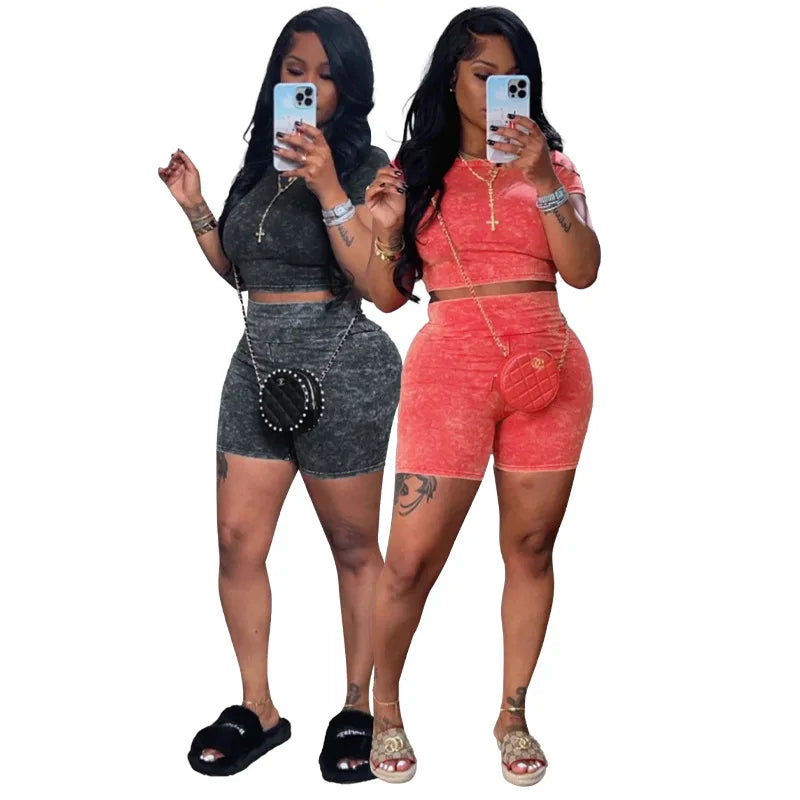 Maxy Acid Washed Women 2 Piece Set Fitness Short Sleeve Crop Top Skinny Biker Shorts Matching Set 2024 Summer New Fashion Tracksuits