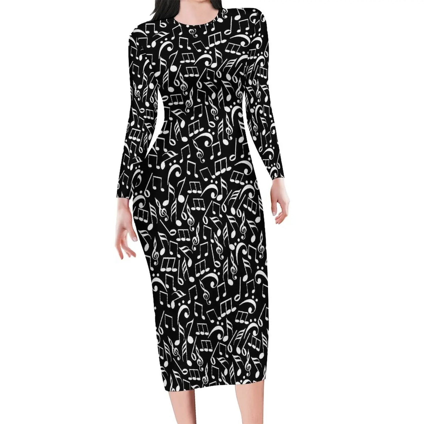 Amay Rainbow Music Notes Dress Long Sleeve Retro Print Kawaii Dresses Autumn Ladies Aesthetic Custom Bodycon Dress 3XL 4XL 5XL