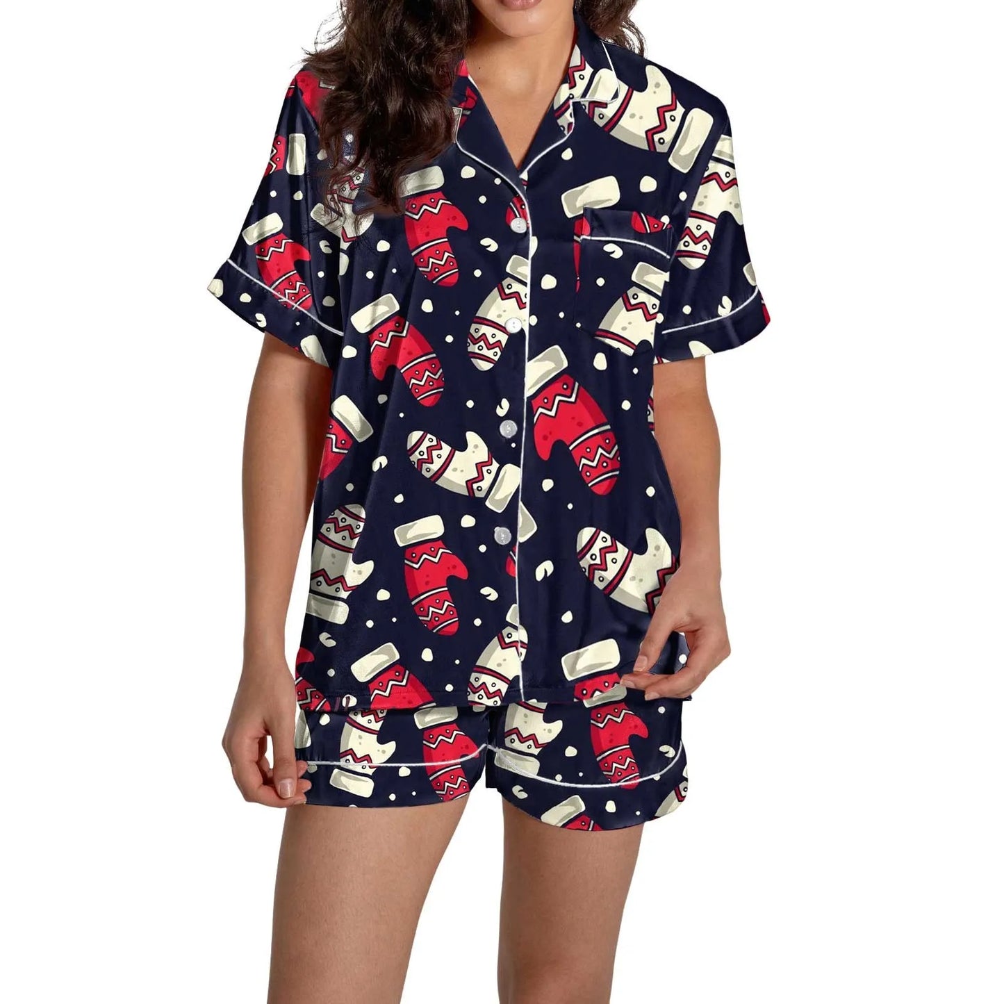 Christmas Graphic Print Women's Button-Down Shirts Pajamas Shorts Set Causal Women‘s Silk Satin 2 Piece Homewear Shorts Set Soft