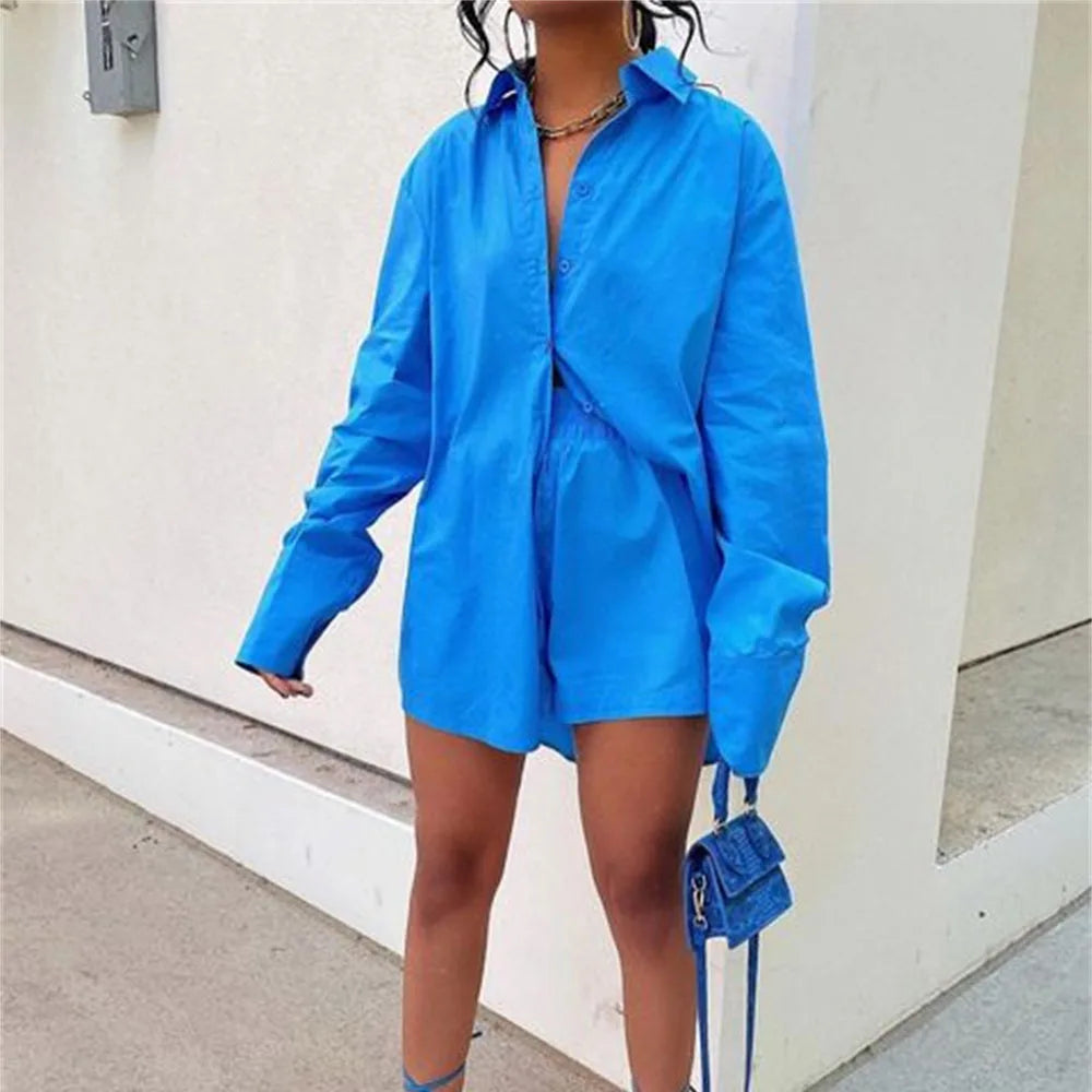 Maxy Women Tracksuits Shirt with Mini Shorts Cotton Two Pieces Sets Fashion Clothing Outfits Women Blouses Fashion Tracksuits