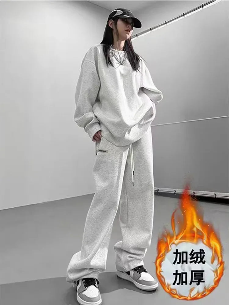 Maxy Korean Fashion Thicken 2 Piece Sets Women O-neck Velvet Lined Pullover Tops Conjuntos Winter Warm Solid Sweatpants Tracksuit New