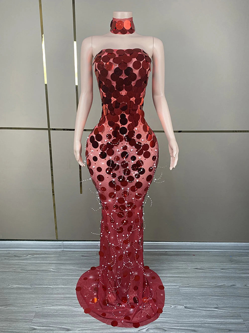 Maxy Sparkling Sequins Celebrity Evening Runway Red Floor Long Dress Women Sleeveless Backless See Through Birthday Party Gown