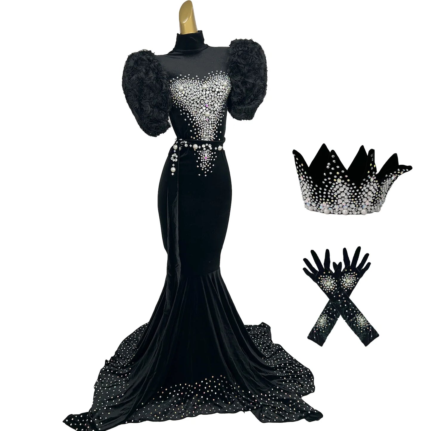 Maxy Women Velvet Backless Evening Dress Sparkling Rhinestone Pearls High-end Floor-length Dress Birthday Party Queen Couture Sirong