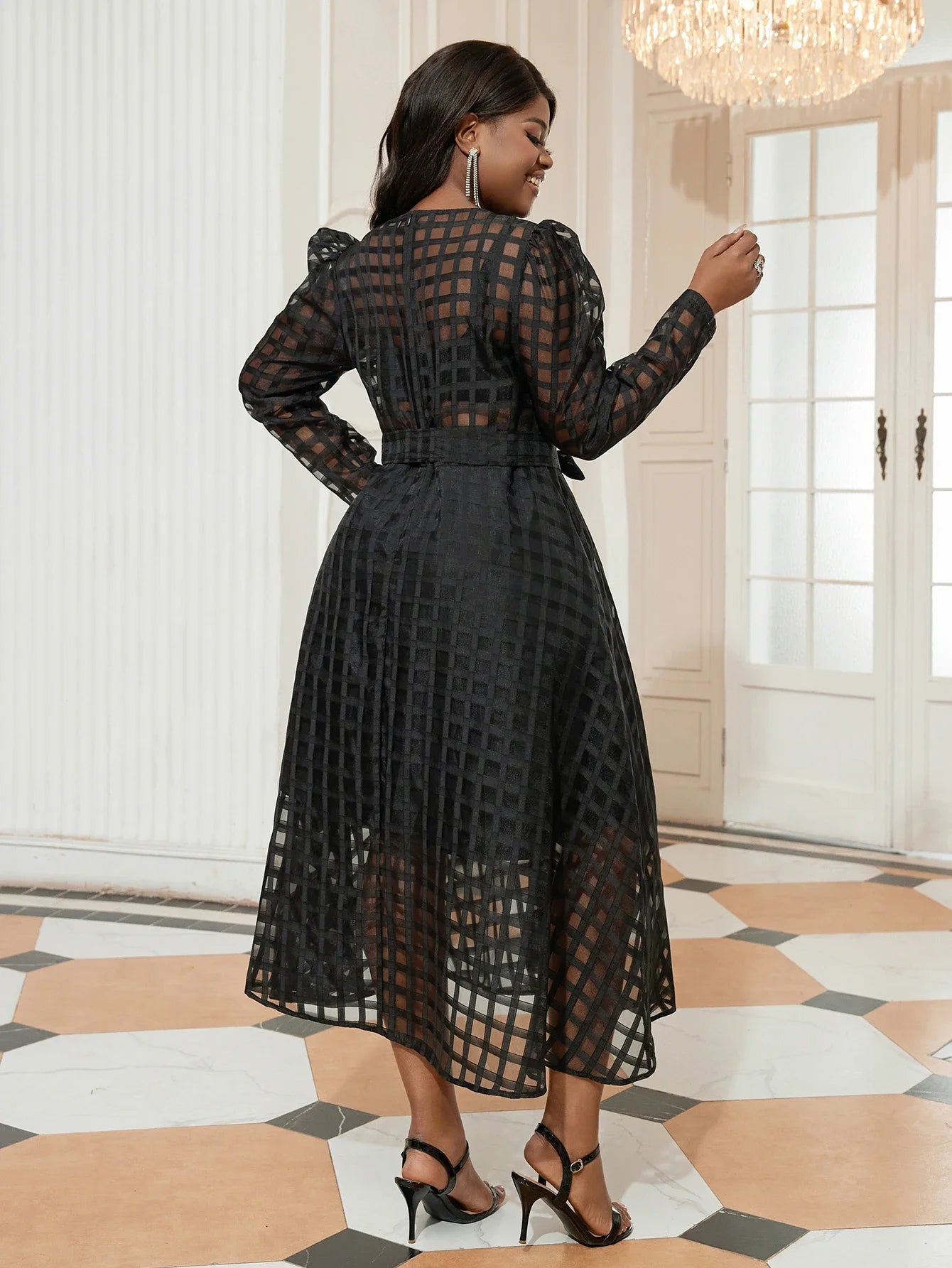 Women Black See Through Plaid A-Line Dress Long Sleeve With Lace Up Layered Lining Elegant Evening Party Gown Plus Size 2024 New