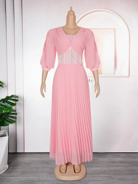 Aelegant African Dresses for Women Chiffon Pleated Long Evening Party Dress Wedding Gown Ankara Dashiki Africa Clothing Robe New