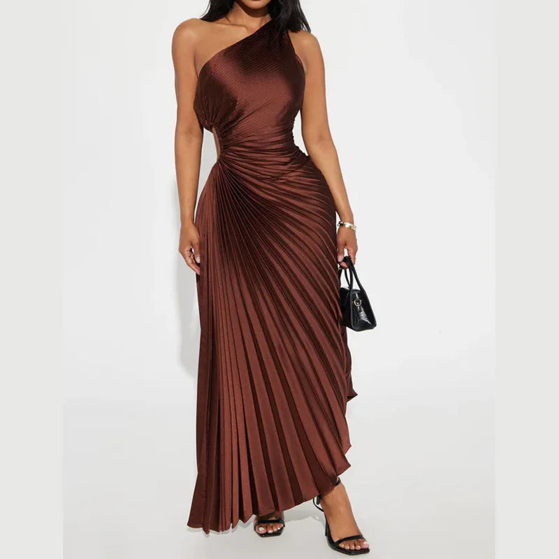 Maxy Spring Evening Banquet Elegant Hip-Hugging Off-One-Shoulder Round Cutout Pleated Women's Fashion Dress