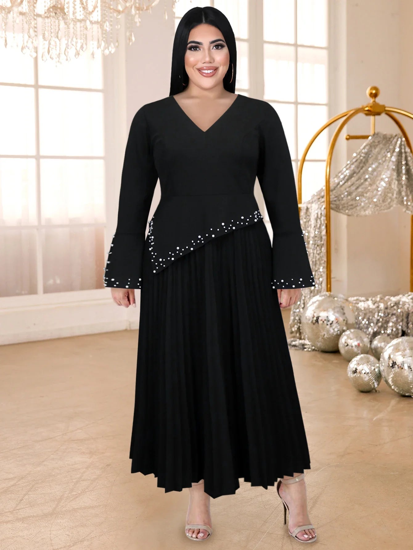 Maxy Women Pleated Church Event Dress V Neck Long Flare Sleeve Hot Drills Elegant A-Line Formal Evening Party Gown Plus Size