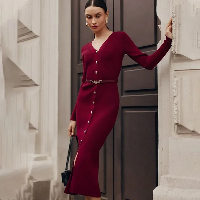 Amay Fall Knitted Slit Long Dress Women's Solid Ribbed Patchwork Cardigan Elegant Slim Party Dress Knitted Women's Long Dress