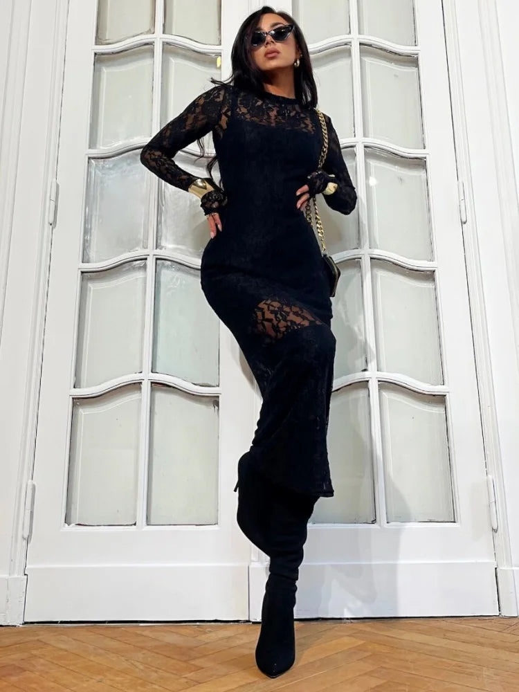 Maxy Autumn Long Sleeve O-neck Two Piece Set Elegant Clothing Spring Sexy Lace Long Dress Fashion Women Party Evening Dresses Black