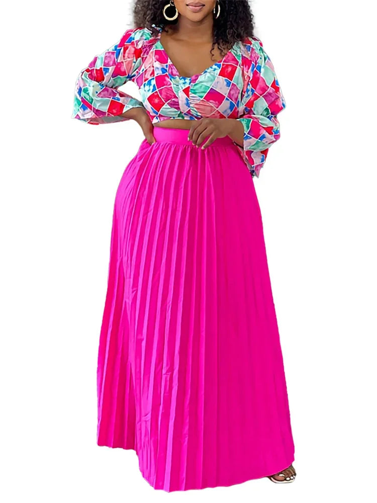 Maxy Women Two Piece Set Fashion Autumn V Neck Long Sleeve Print Blouse Pleated High Waist Long Skirt Elegant Two Piece Suit