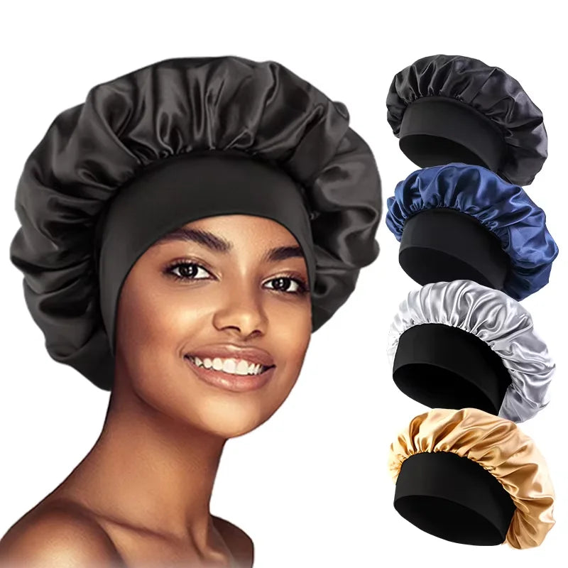 Maxy Women's Satin Solid Bonnets Wide-brimmed Night Sleeping Bathing Hat Unisex Head Wrap Elastic Band Cap Hair Care Bonnet