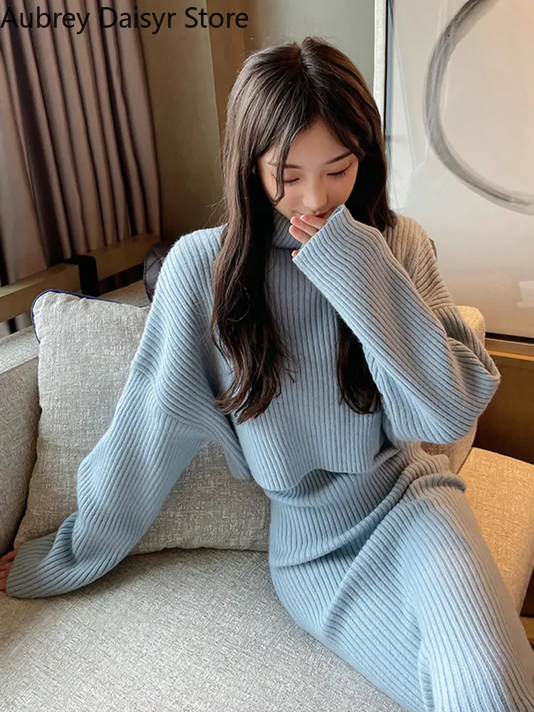 Maxy Elegant Sweet Knitted Dress Women Winter Korean Vintage Chic High Collar Sweater Dress Casual Slim 2 Piece Sets Womens Outfits