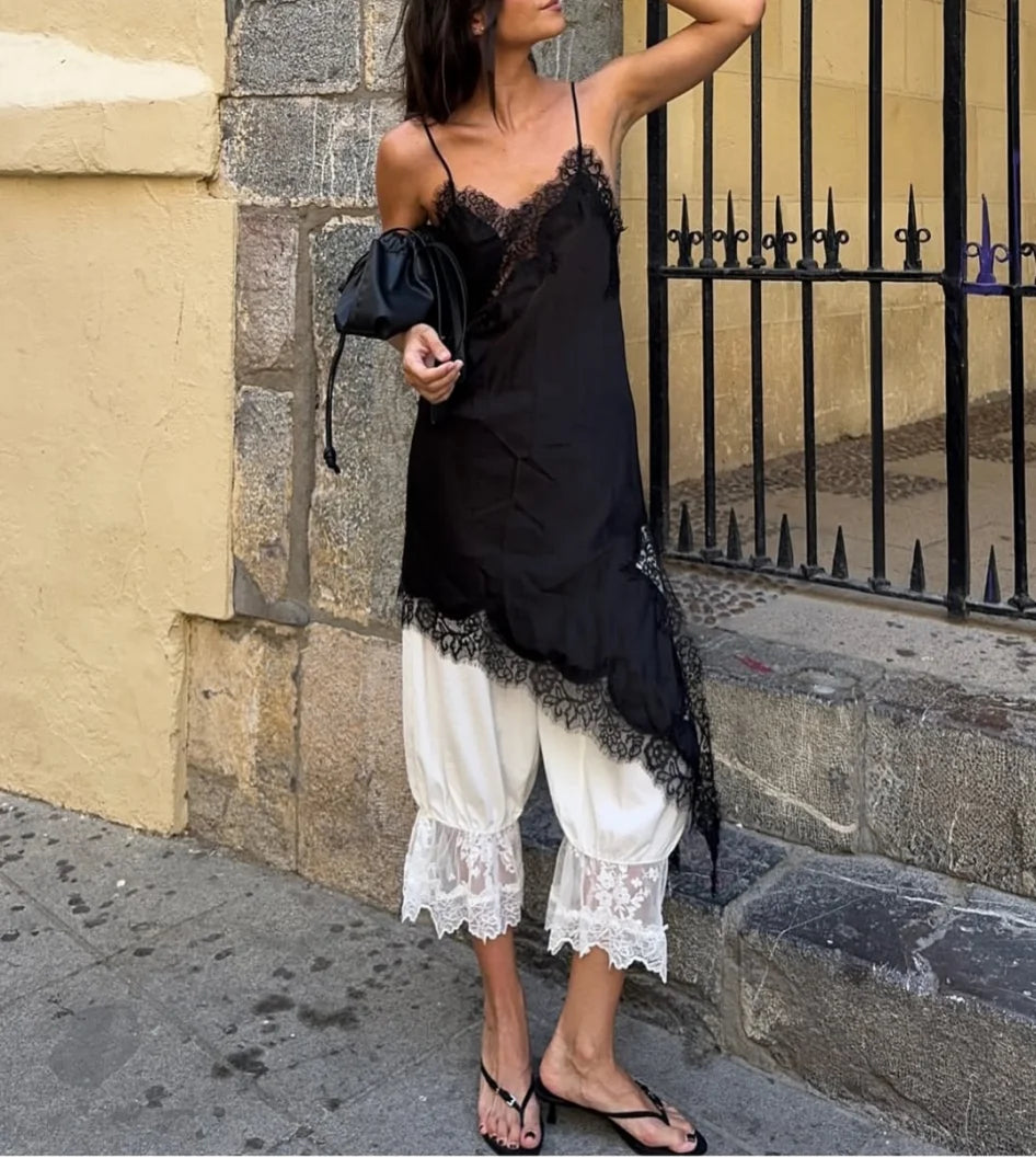 New Satin Lace Splicing Sling Dress Women Elegant Irregular Hem V Neck Backless Sleeveless Gown Chic Women Party Club Vestido