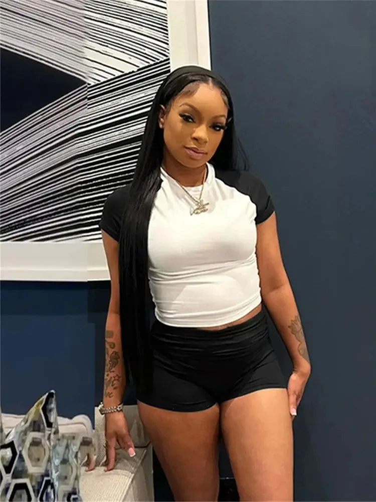 Maxy Sporty Patchwork 3 Piece Set Women Casual Summer Headband Crop Top+High Waist Bike Shorts Street Matching Tracksuit