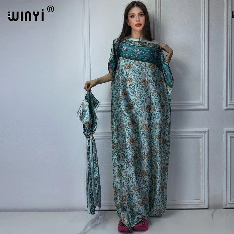 Maxy women Muslim dress African Dubai abaya Crew Neck   print Kaftan Dress, Elegant Maxy Dress,beach outfits women