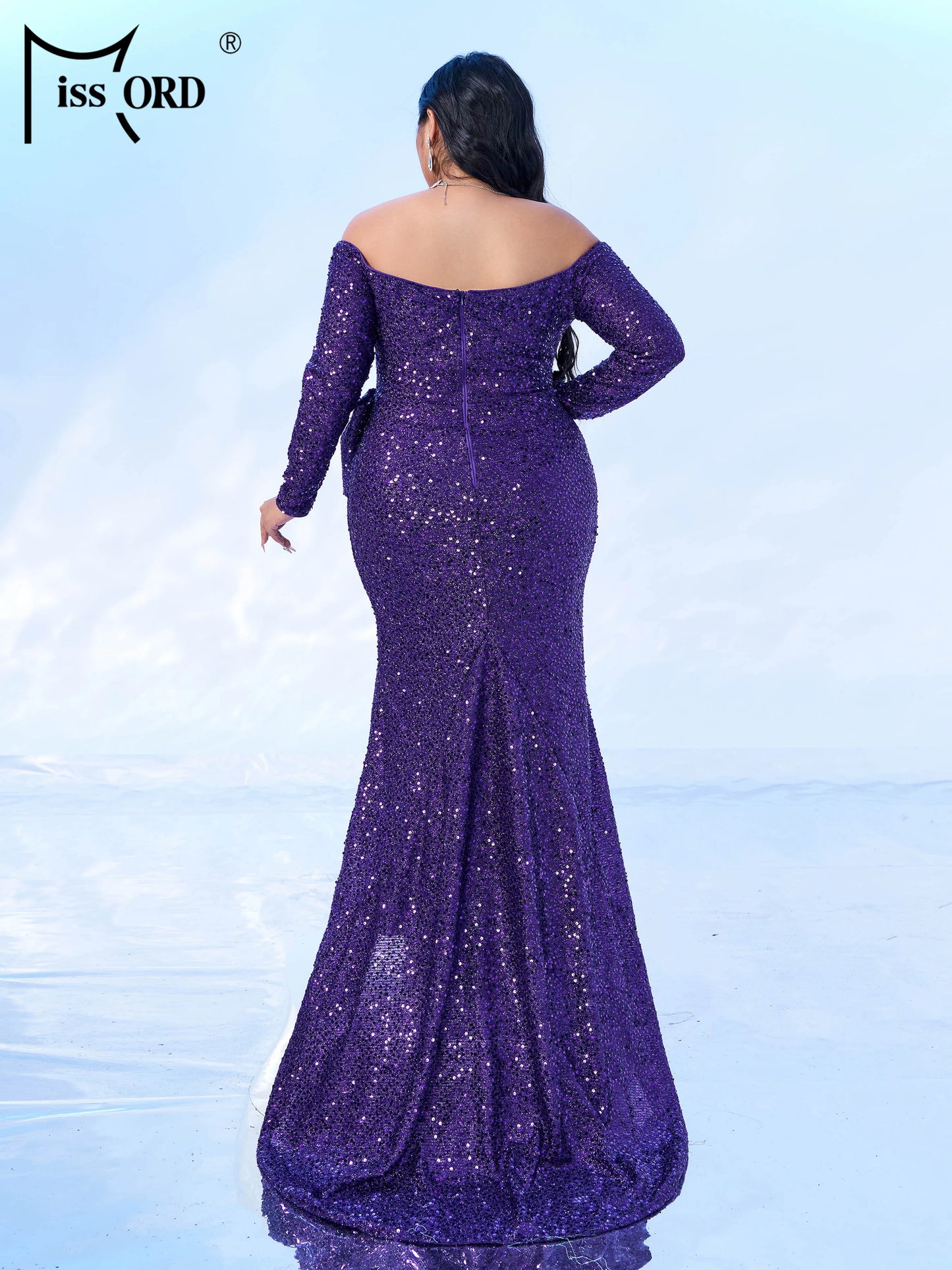 Maxy Plus Size Off Shoulder Long Sleeved Sequin Split Evening Gown Wedding Birthday Party Large Size Floor Length Dress