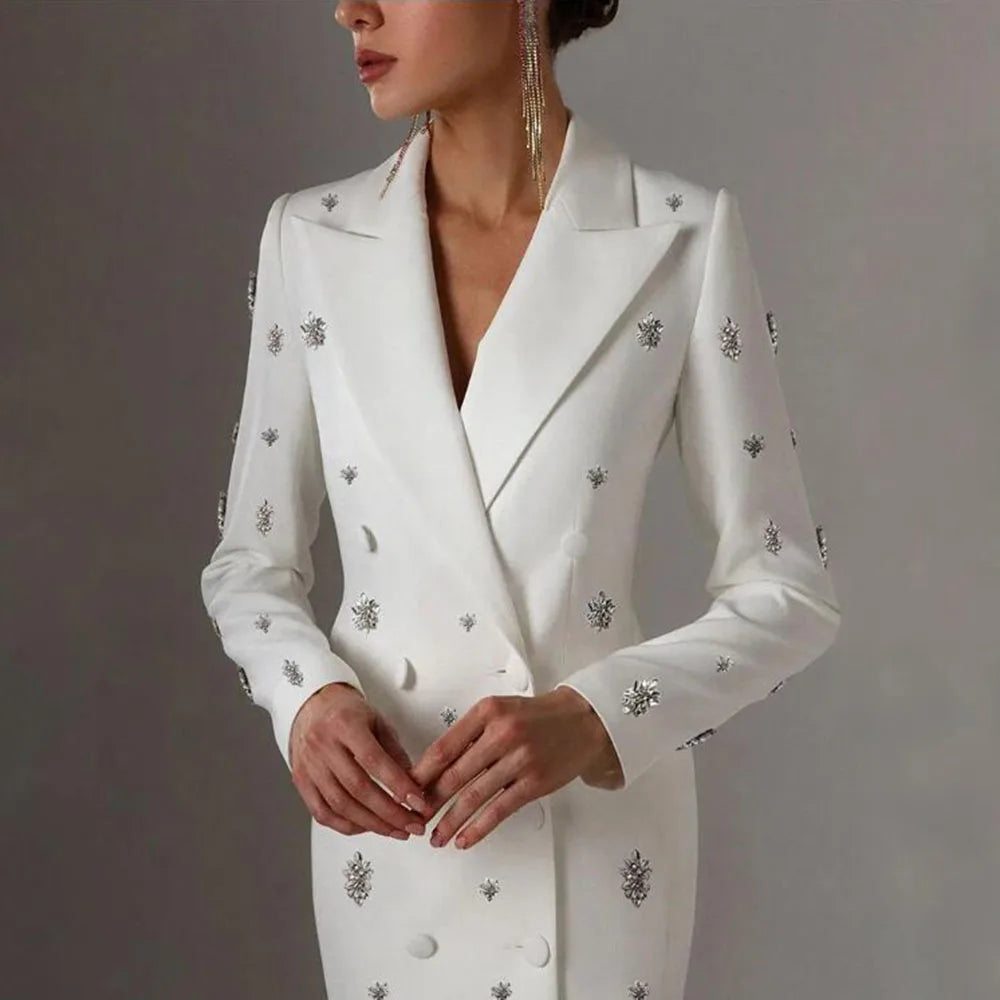 Maxy Handmade Beaded Women Suit Jacket Long Double-Breasted Coat Long Plus Size Bride Of Mothe Dress 1 Piece Ladies Business Blazer