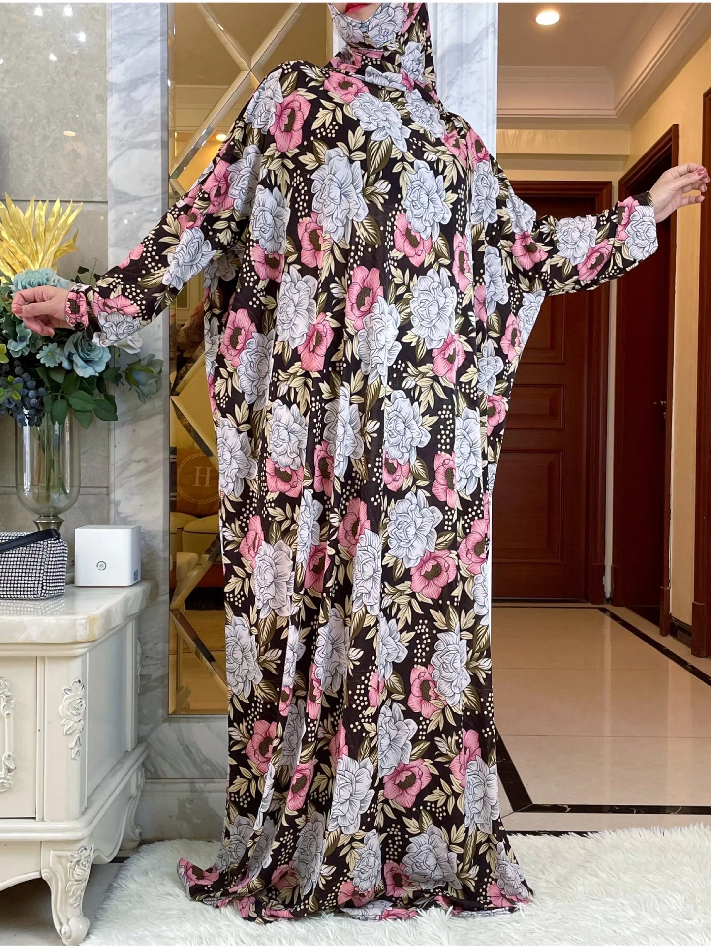 Maxy Muslim Women Hooded Turkey-African Prayer Garment Kaftan Dress With Hijab Floral Prints Dubai Saudi Robe Ramadan