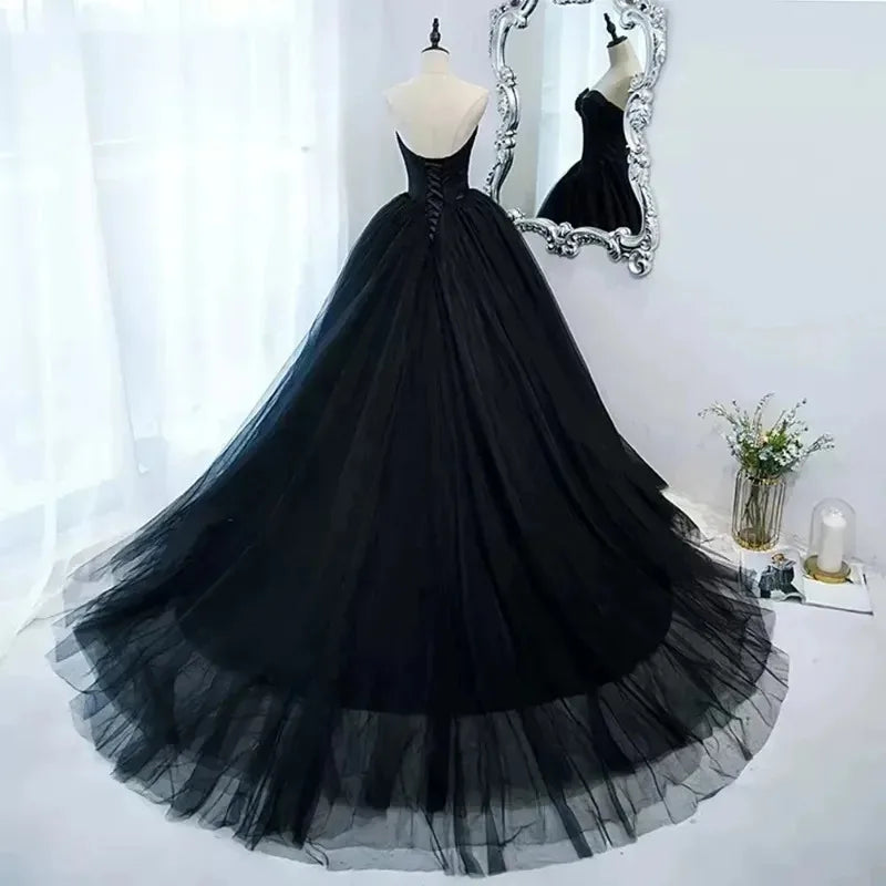 Maxy Gothic Black Tulle Prom Dresses Princess Sweetheart Satin Women Formal Evening Gowns Exposed Boning Night Party Dress Customized
