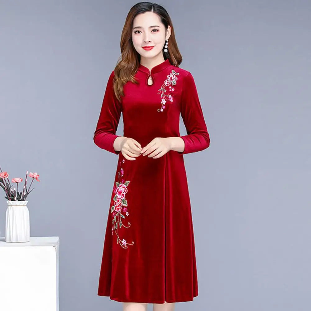 Amay Women Fall Winter Dress Flower Embroidery Hollow Out Velvet Dress Thick Big Swing Stand Collar Long Sleeve A-line Dress