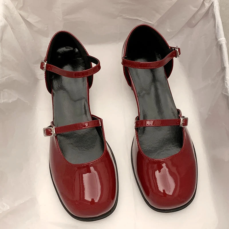 Maxy Shoes Buckle Pumps Women Thick Heels Elegant Shallow Square Toe Footwear Party Office Lady Leather Loafers Shoes