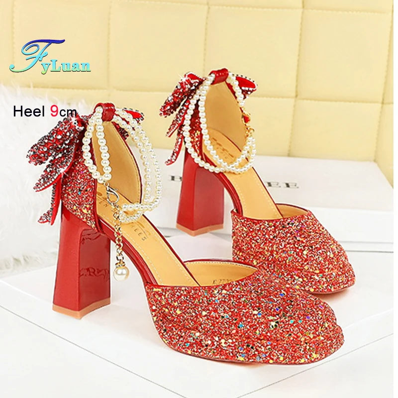 Maxy Summer New Fashion Women's Platform Sandals Glitter Bow Pearl Chain Rhinestone Decoration Ladies Eveing Heels Banquet Shoes
