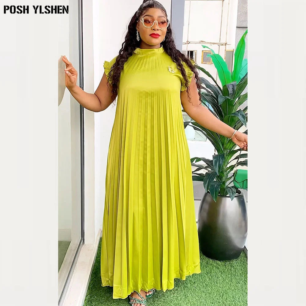 Maxy Pleated Abaya African Dresses for Women Summer Plus Size Traditional Nigeria Caftan Dress Abaya Musulman Robe Femme Clothes
