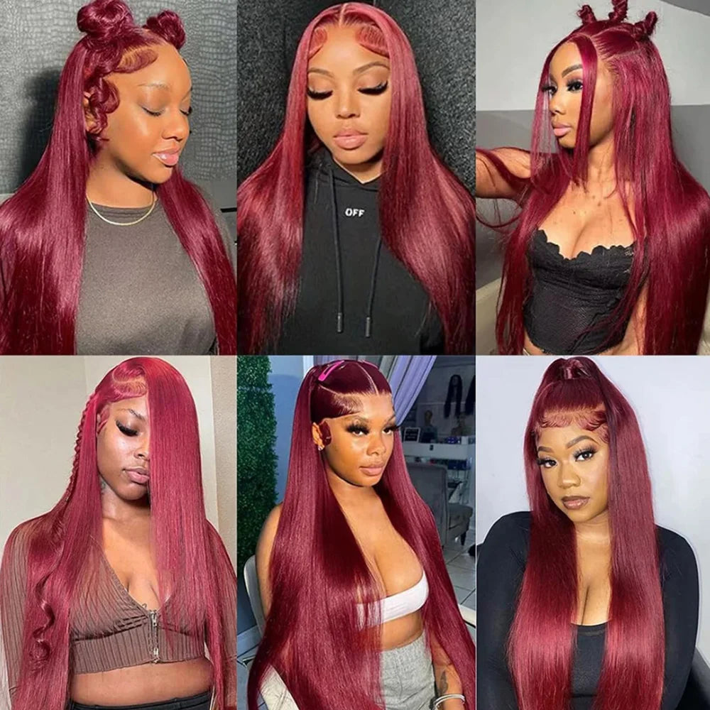 Maxy 200 Density 99J Straight Lace Frontal Wig Human Hair 13x6 HD Lace Front Wig Pre Plucked Bleached Knots Glueless Wigs 46 Inches