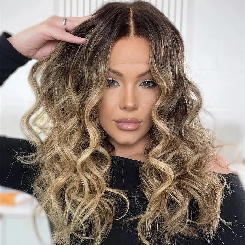 Maxy Synthetic HD Lace Front Wigs Glueless Curly Ombre Blonde Brown Colored Highlights Lace Front Wigs For Women Preplucked Hairline