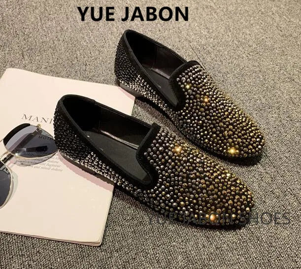Visco New Fashion Men Rhinestone Shoes British Men's Flats Smoking Slippers Men Loafers Dress Shoes Black Casual Shoes Gladiator Mens