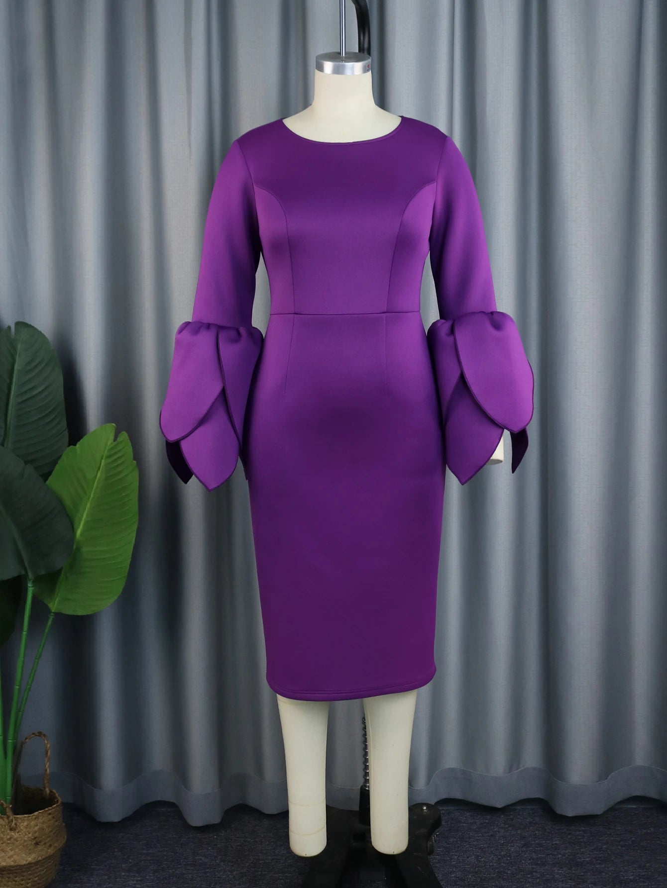 Maxy Purple Midi Dresses for Women Plus Size O Neck Long Ruffles Sleeve Elegant Formal Occasion Birthday Wedding Guest Evening Gowns