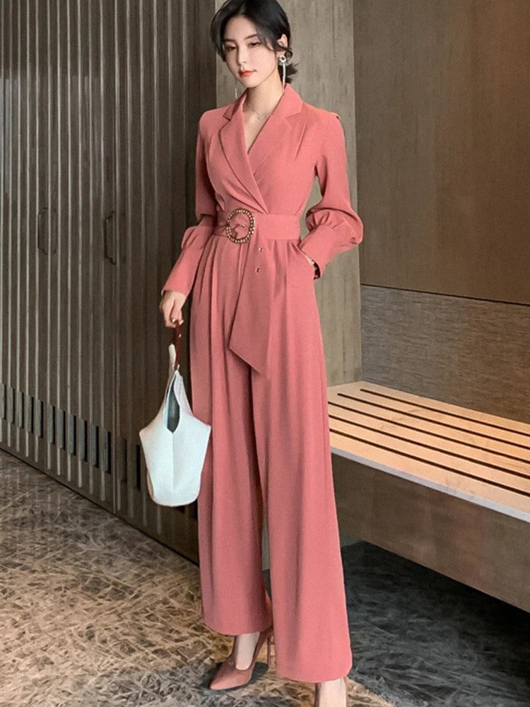 Maxy Vintage Elegant Professional Jumpsuit Women Notched Collar Long Sleeve Adjustable Waist Maxy Pants Work Style Business Rompers