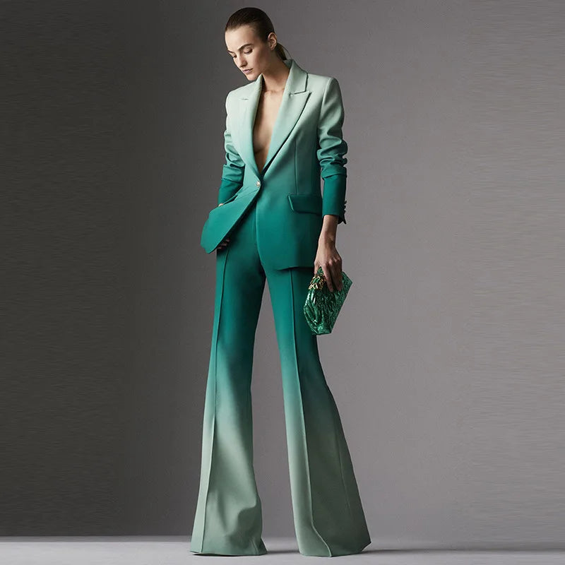 Maxy High Quality Gradient Color Suit Bell Bottoms Design Office Formal Female Fashion Sexy Elegant Graduation Dress Club Formal