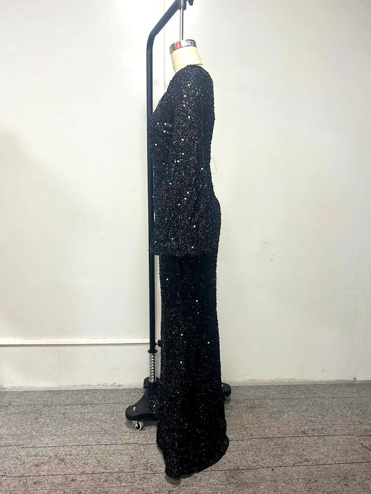 Maxy Elegant Sequins Prom Dress Women Fashion V-neck Wrapped Hip Flare Sleeve Long Evening Dress Chic Solid Party Gown Dresses