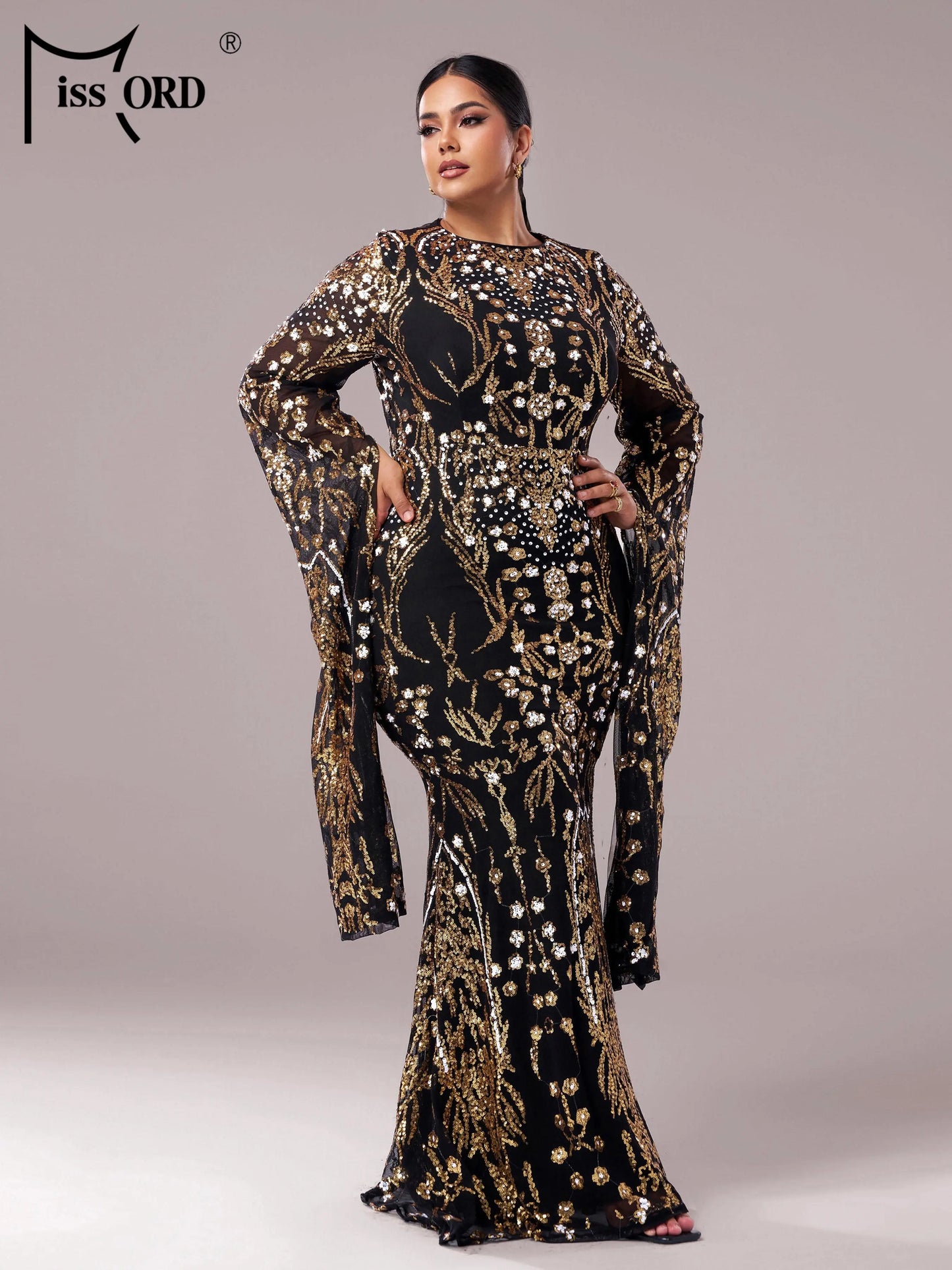 Maxy New Plus Size Church Muslim Dress Round Neck Sequin Extended Sleeve Evening Gown Formal Occasion Cocktail Ball Dresses