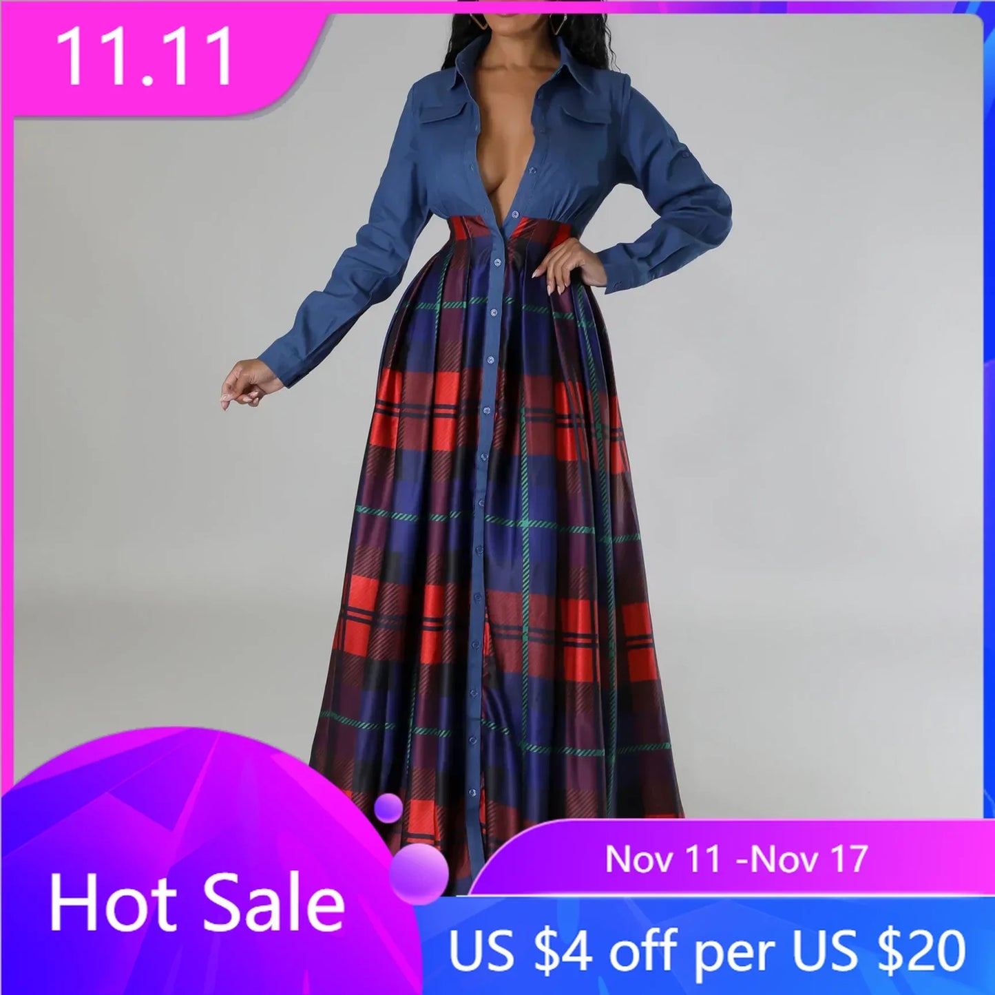 Maxy Plus Size Fashion African Party Dresses for Women Dashiki Ankara Gowns Autumn Elegant Grid Print Splice Turkey Muslim Maxy Dress