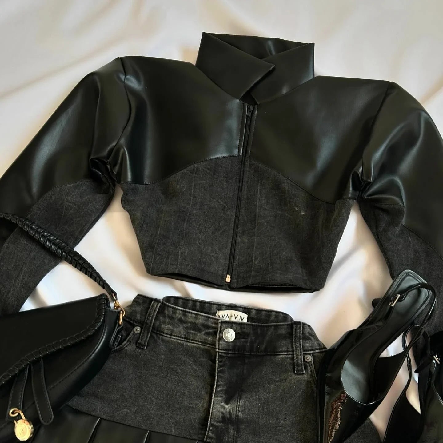 Maxy Two Piece Sets Women Outfits Y2K Pu Leather Spliced Denim Black Skirt Sets New Harajuku Gothic Sexy Zipper Jacket Mini Skirt