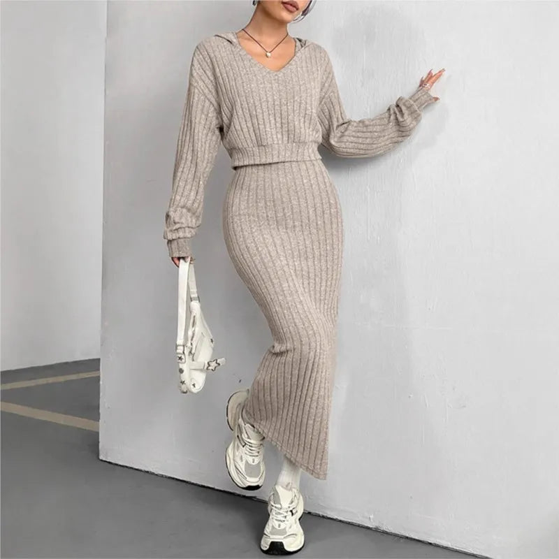 Maxy Women's New Fashion Suit Fall Winter Hooded Shawl Long-sleeve Sweatshirt Vest Short Skirt Slim Two-piece Set Suit Women Clothing