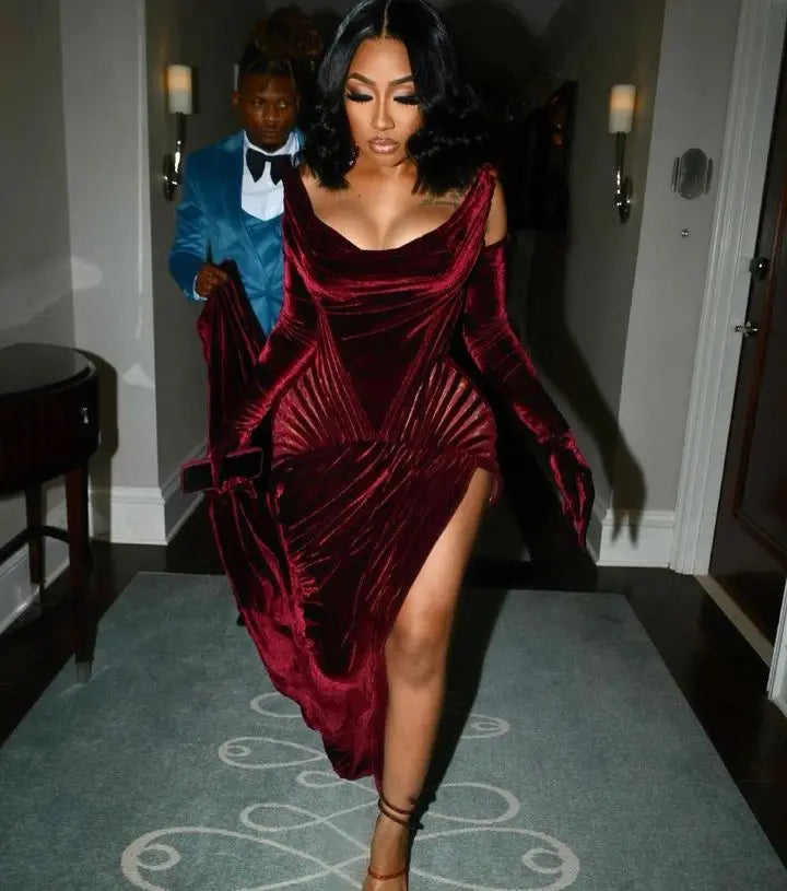 Maxy Quality Burgundy Velvet Prom Dresses with Long Gloves Plus Size Arabic African Celebrity Dress High Slit Long Party Gowns