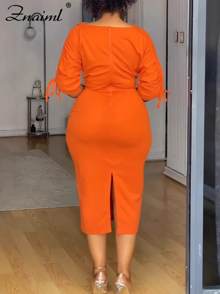 Maxy Elegant Pile Collar Ruched Drawstring Half Sleeve Split Bodycon Orange Pencil Dress Women Birthday Party Club Office Robe