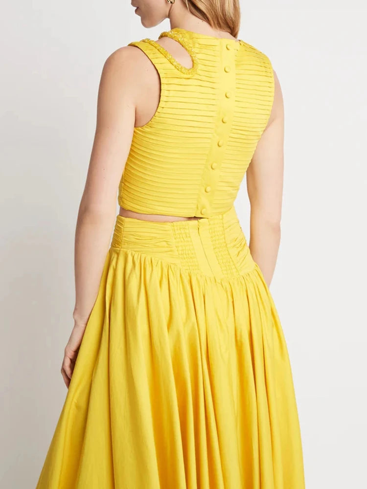 Maxy Slim Two Piece Sets For Women Round Neck Sleeveless Hollow Out Pleat Crop Tops Irregular Hem Pleated Skirt Solid Set Female
