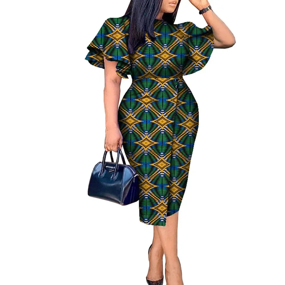 Maxy African Women Clothing Wax Print Kitenge Designs Butterfly Sleeve Dress WY8313