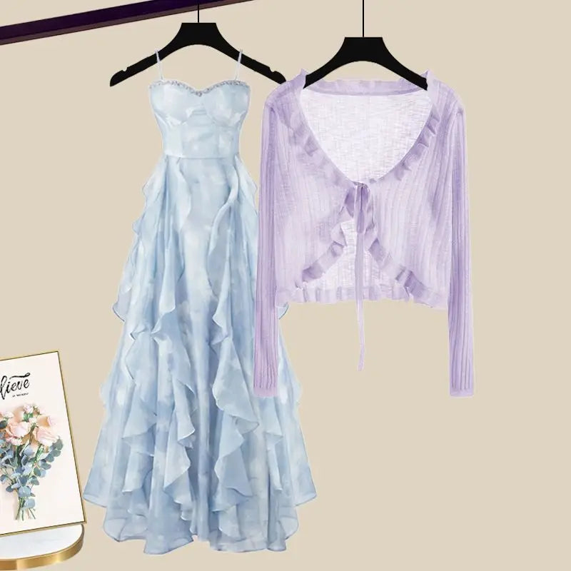 Maxy Summer Sun Protection Ice Silk Chiffon Shirt Ruffle Suspender Dress Two-piece Set Elegant Women's Dress Set Party Dress