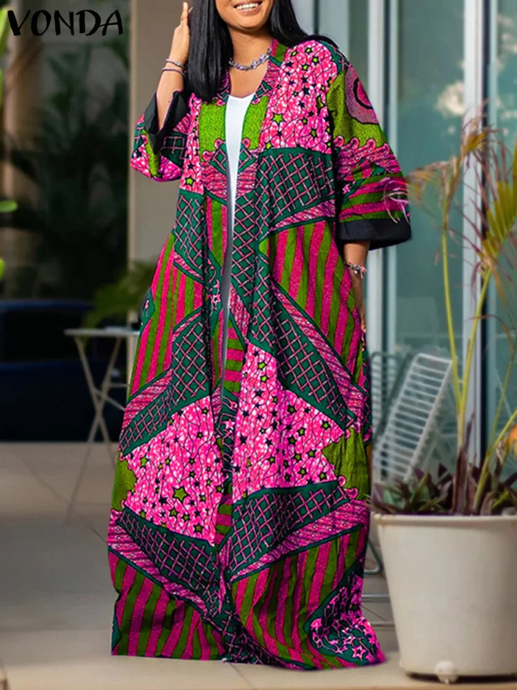 Maxy Plus Size VONDA Women Long Cardigans Bohemian Cover-ups Blouse Printed Long Sleeve Cardigans Casual Loose Elegant Shirts