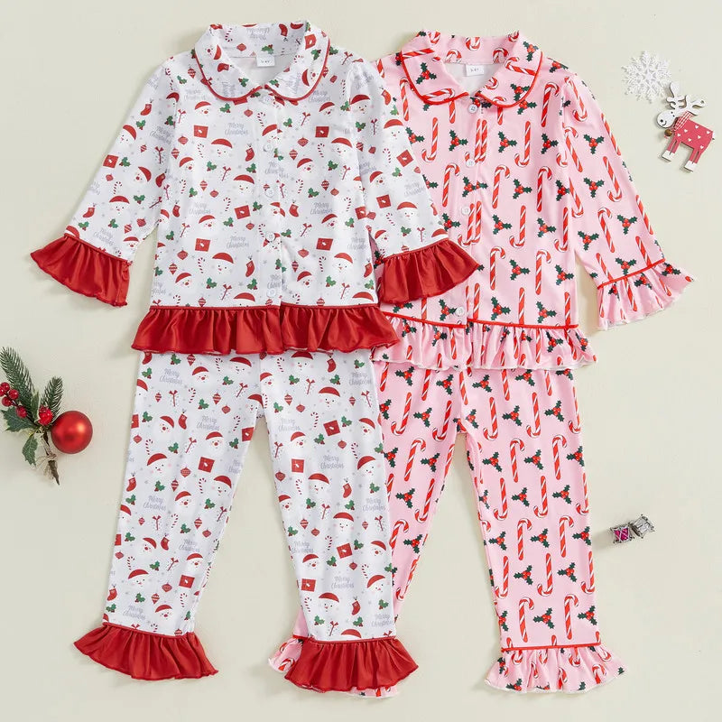 Max 1 to 5 Years Baby Girl Christmas Pajama Sets Long Sleeve Lapel Candy Cane/Santa Claus Print Shirt Pants Sleepwear