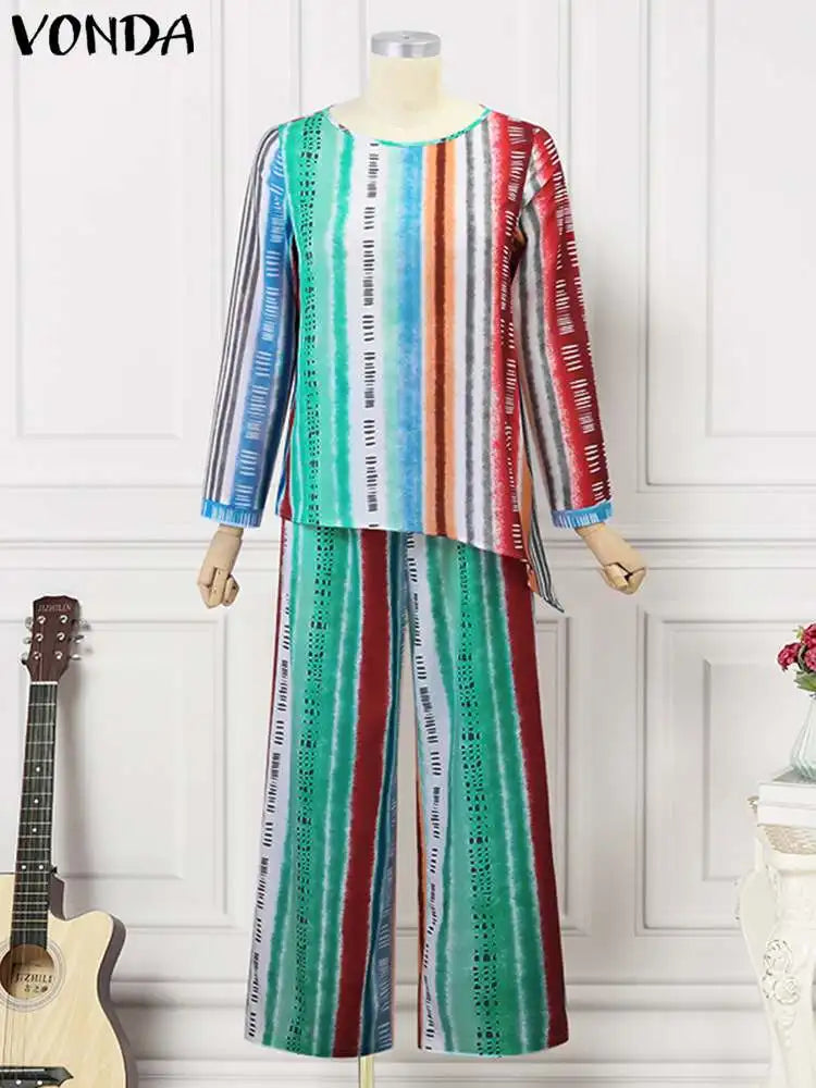 Maxy Plus Size 5XL Bohemian Vintage Printed Pant Sets Women Long Sleeve Tops and Pants 2pcs Kaftan Casual Loose Suits